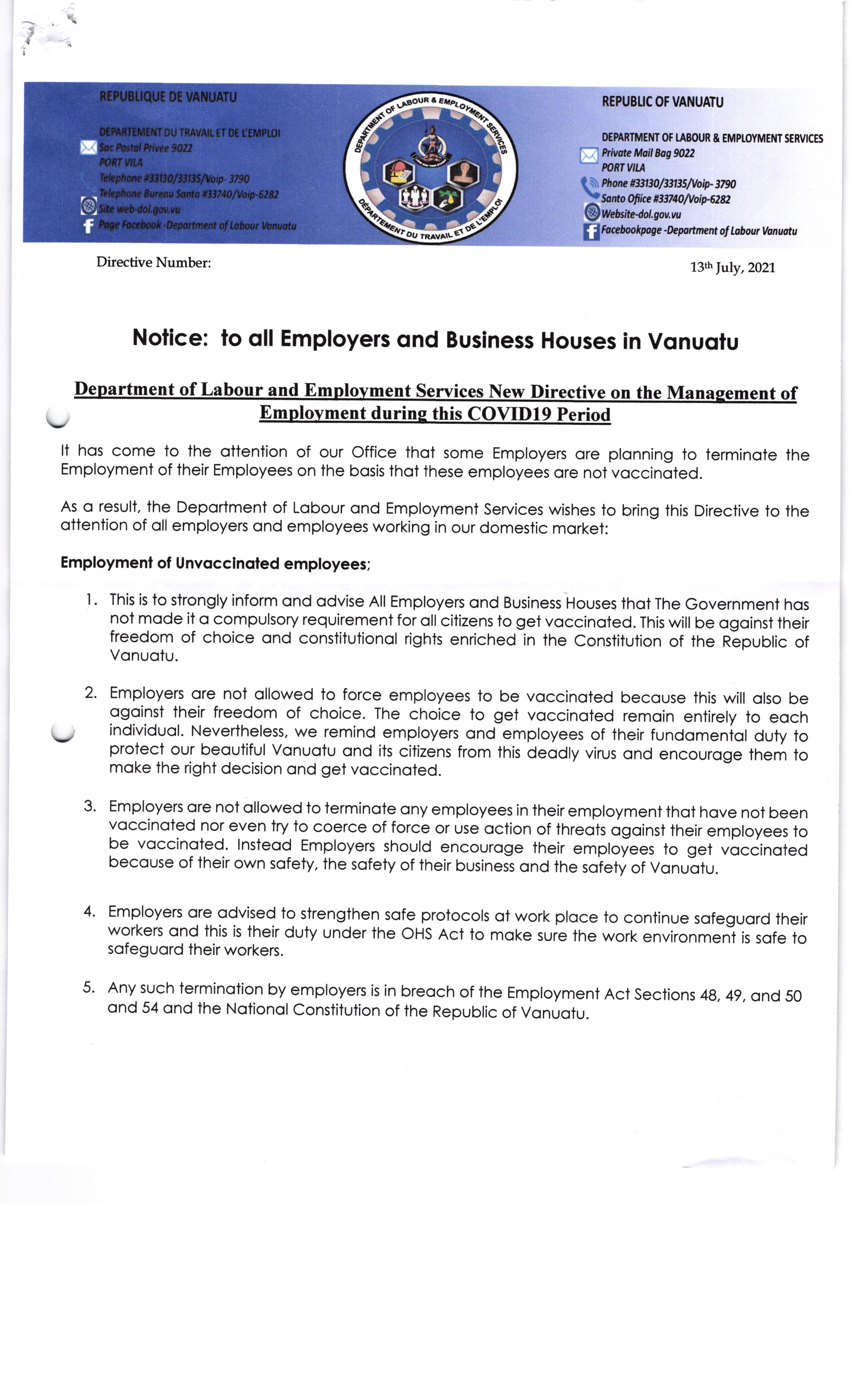 Notice: To all Employers and Business Houses In Vanuatu